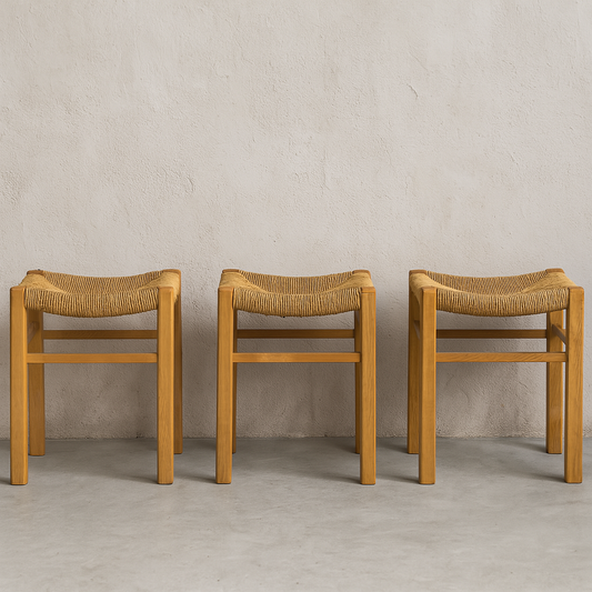 Suite de trois tabourets en bois et paille de Pierre Gautier-Delaye, circa 1950 — Set of three straw and wood stools