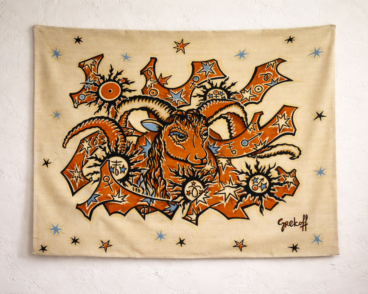 Tapisserie murale Le Bélier en laine, carton d’Élie Grekoff, édition Tanit Paris circa 1970  Aries zodiac wool wall tapestry by Elie Grekoff, Paris 1970s