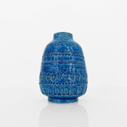 Vase ovoïde en céramique émaillée bleu Bitossi Rimini Blue attribué à Aldo Londi, Italie 1960